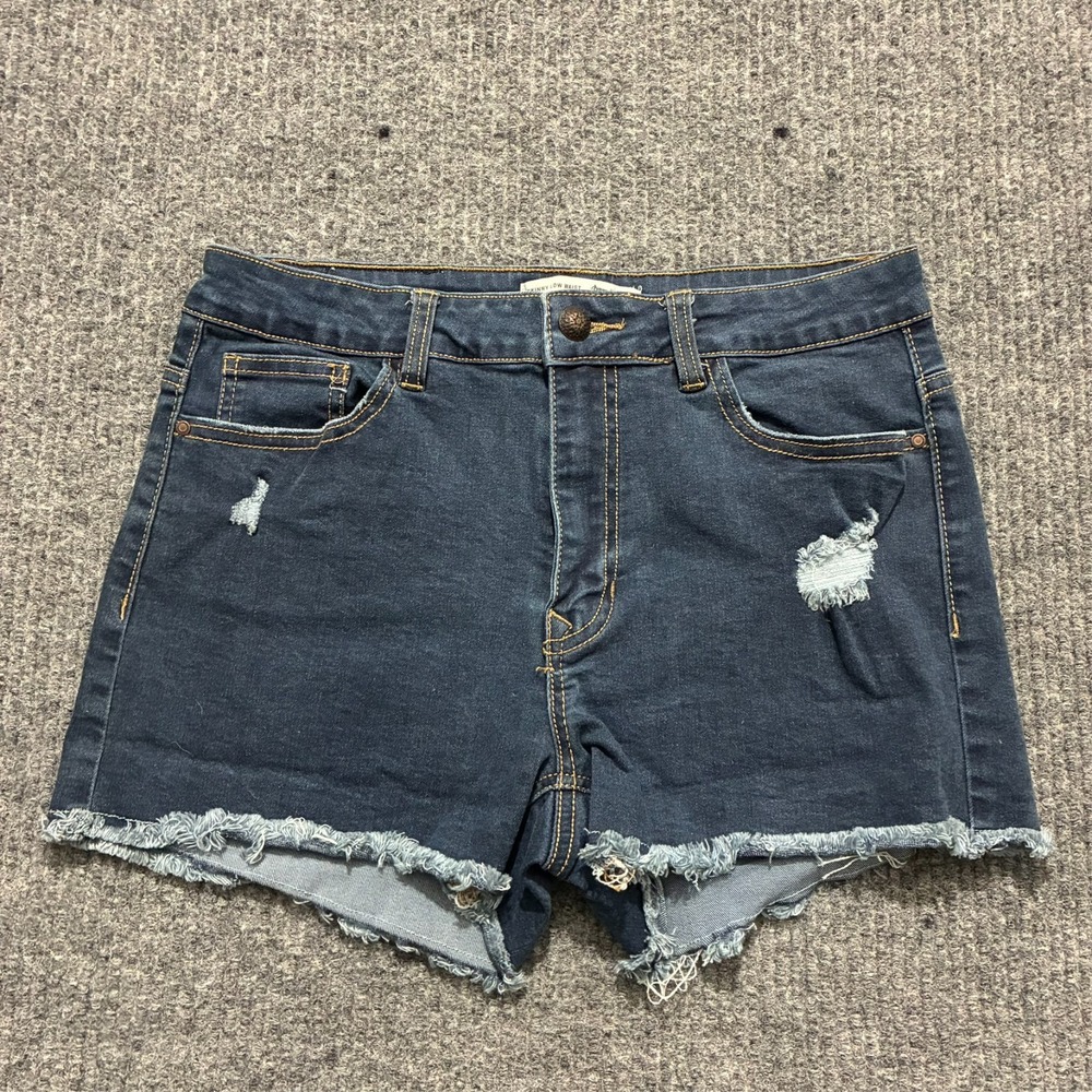 Stradivarius Women Denim Shorts USA 10 Dark Blue Distressed‎ Skinny Low Waist